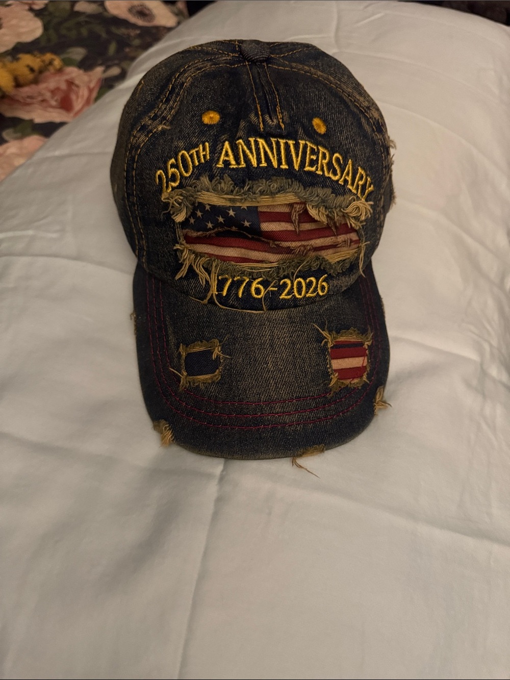 250th Anniversary Distressed Denim Baseball Cap - Navy with Flag Embroidery